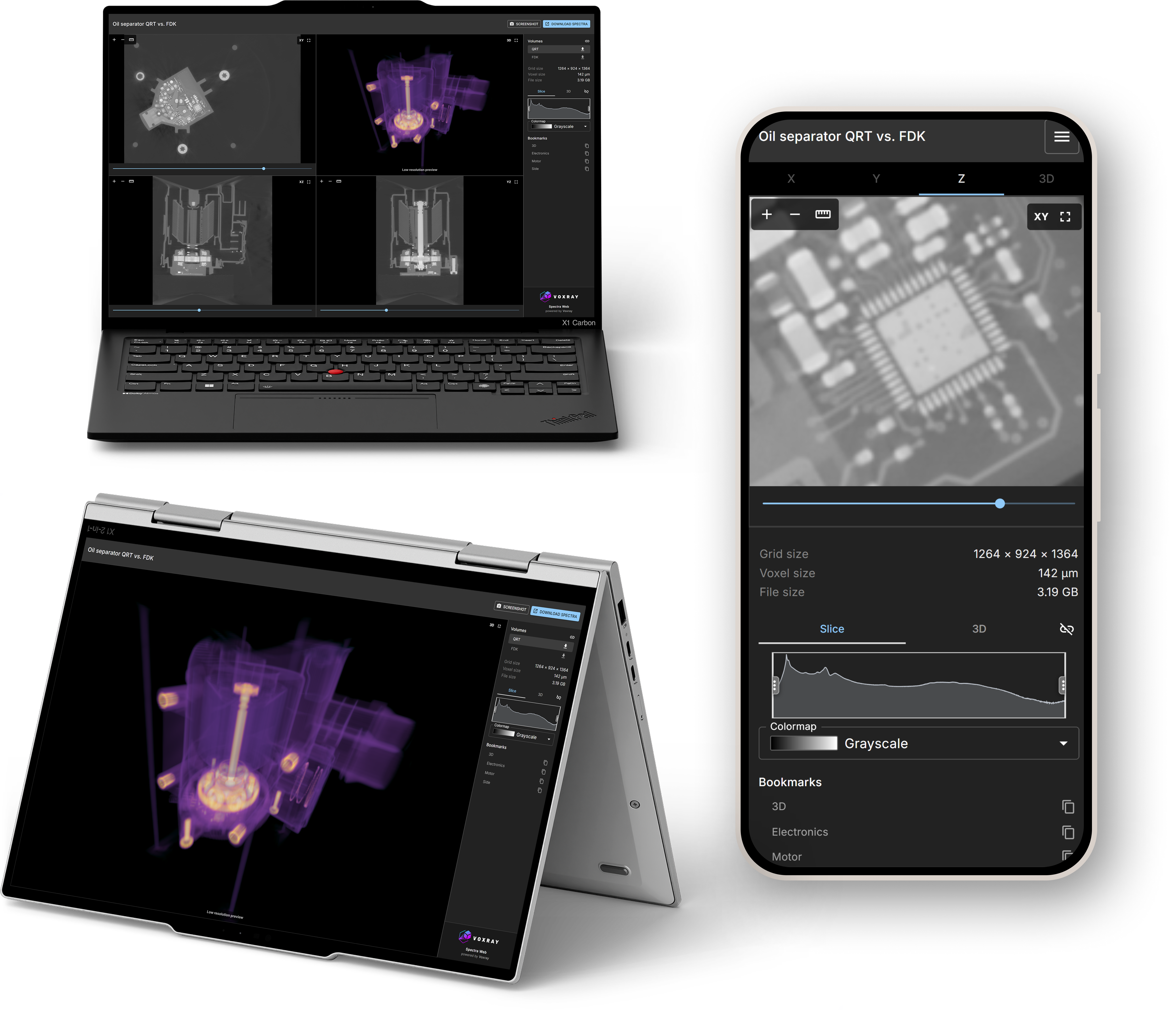 Spectra Web on a laptop, convertible tablet, and smartphone — the same CT project viewed across desktop, touch, and mobile browsers.